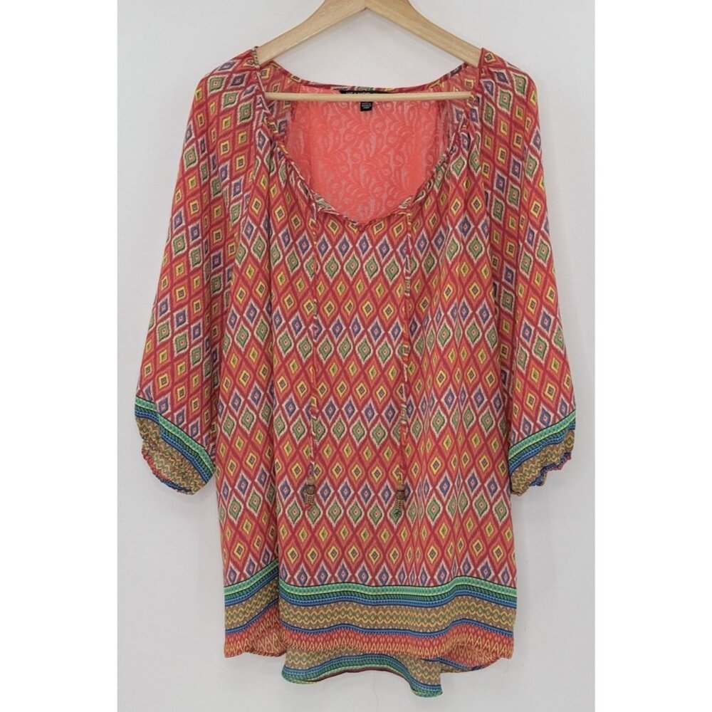 Zac & Rachel Plus Size Chiffon Tie‎ Front Pullover Lace Accent Blouse 2x Boho